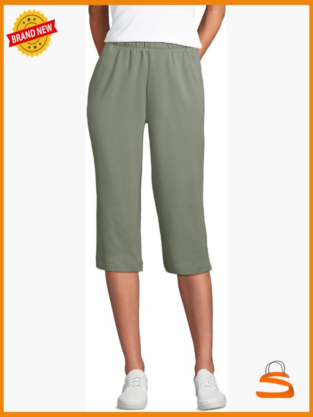 High Rise Elastic Waist Capri Pants Straight Leg Cotton Stretch